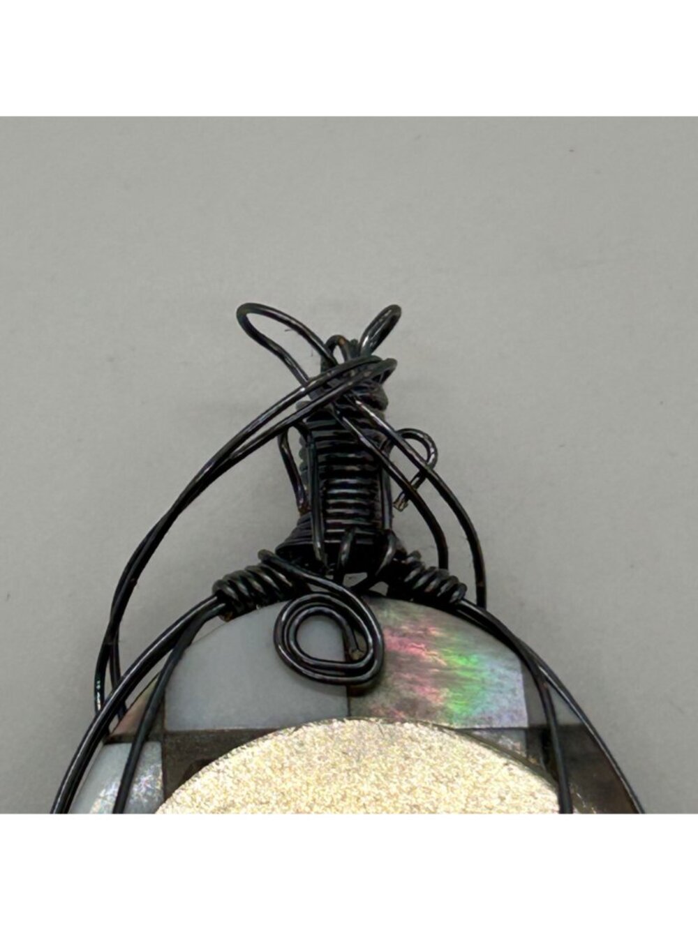 Artisan Wire Wrapped Abalone Mother Of Pearl Mosaic Checkerboard Shell Oval Pend - Picture 8 of 11